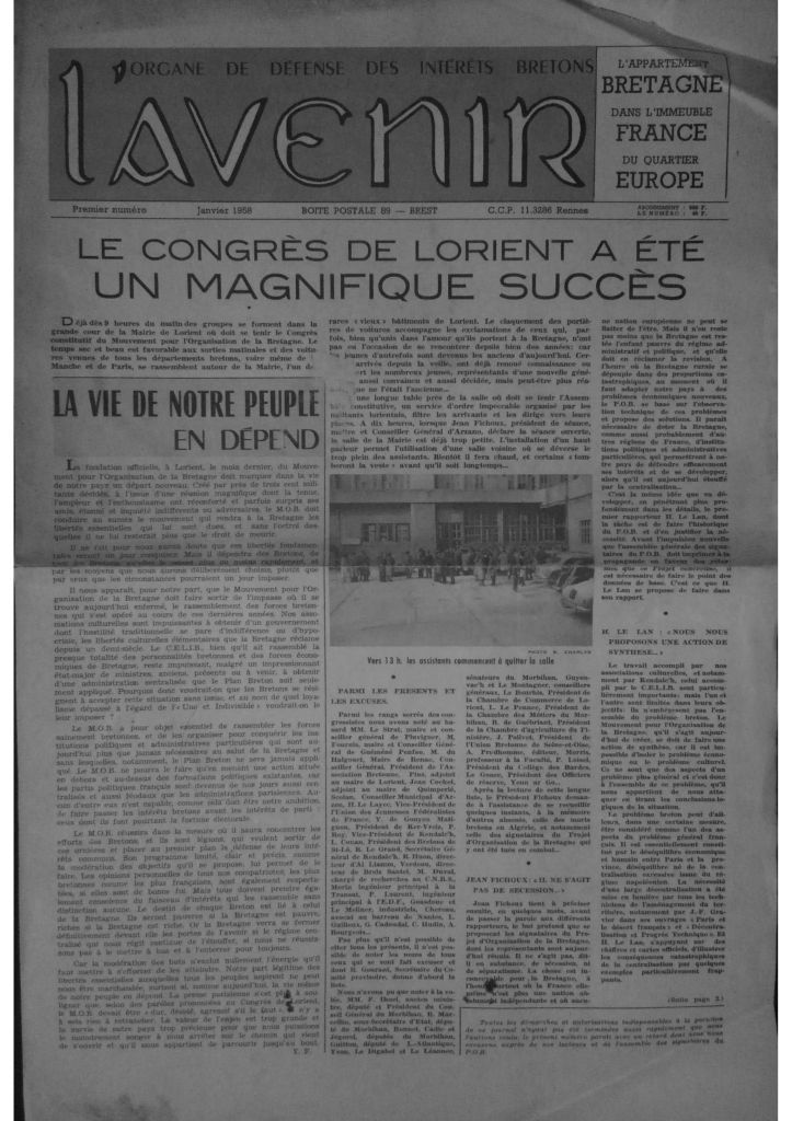 une du n° 1 L'Avenir de la Bretagne janvier 958