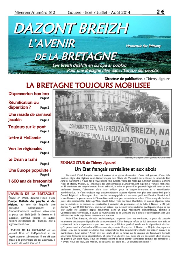 Une du n°512 L'Avenir de la Bretagne juillet août 2014