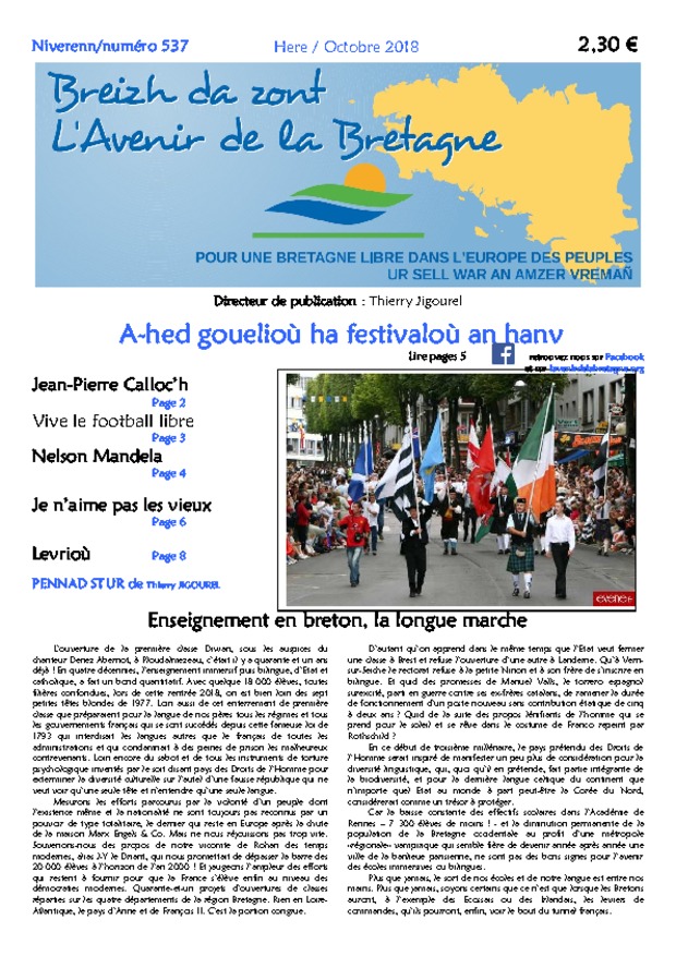 une du n°537 L'Avenir de la Bretagne Breizh da zont octobre 2018