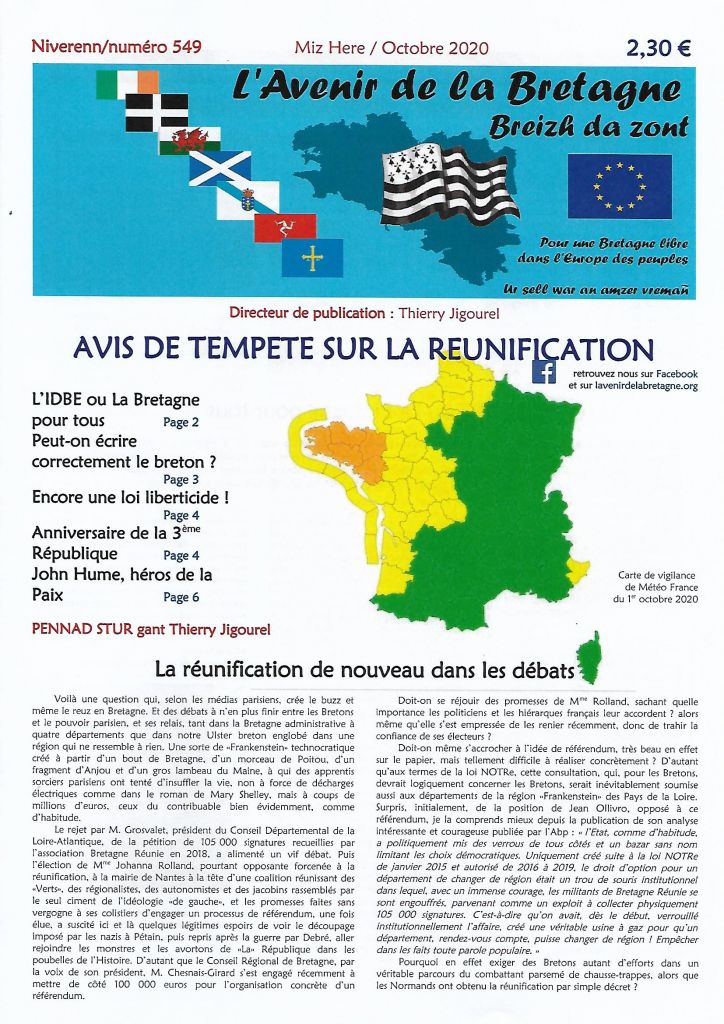une n° 549 septembre octobre 2020 L'Avenir de la Bretagne Breizh da zont