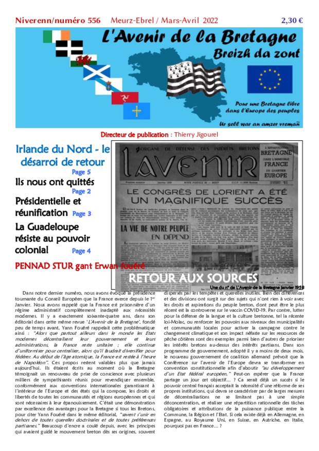 Une du n°556 mars avril 2022 L'Avenir de la Bretagne Breizh da zont