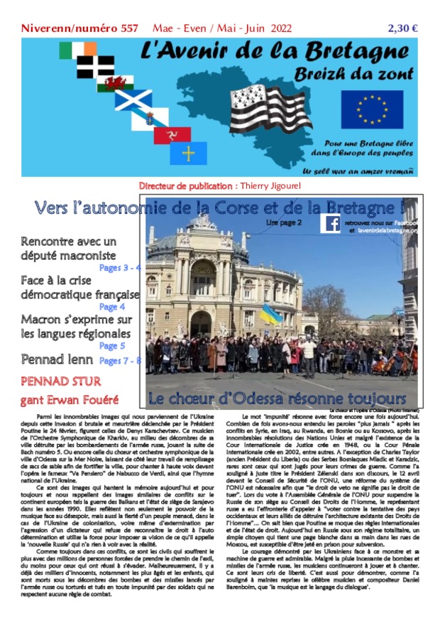 Une du n° 557  L'Avenir de la Bretagne Breizh da zont mai juin 2022