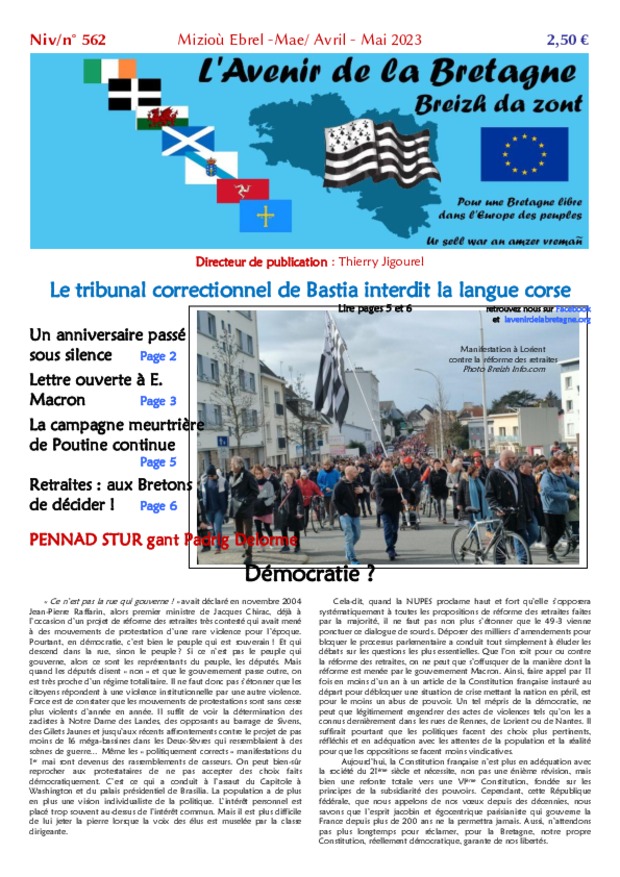 une n° 562 L'Avenir de la Bretagne Breizh da zont avril mai 2023