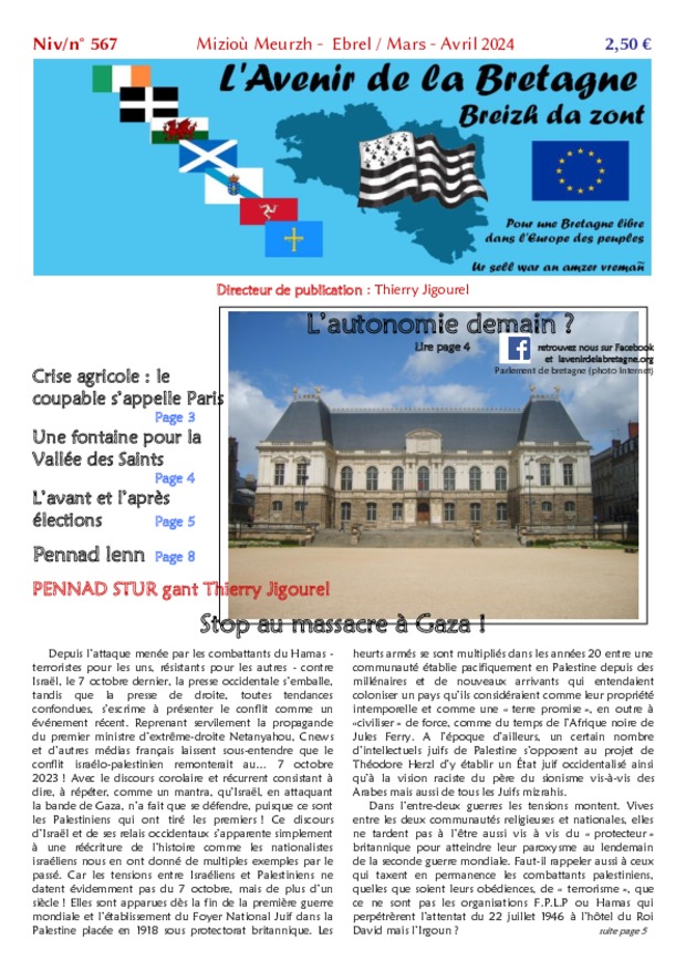 une du n°567 mars avril 2024 l'Avenir de laBbretagne Breizh da zont